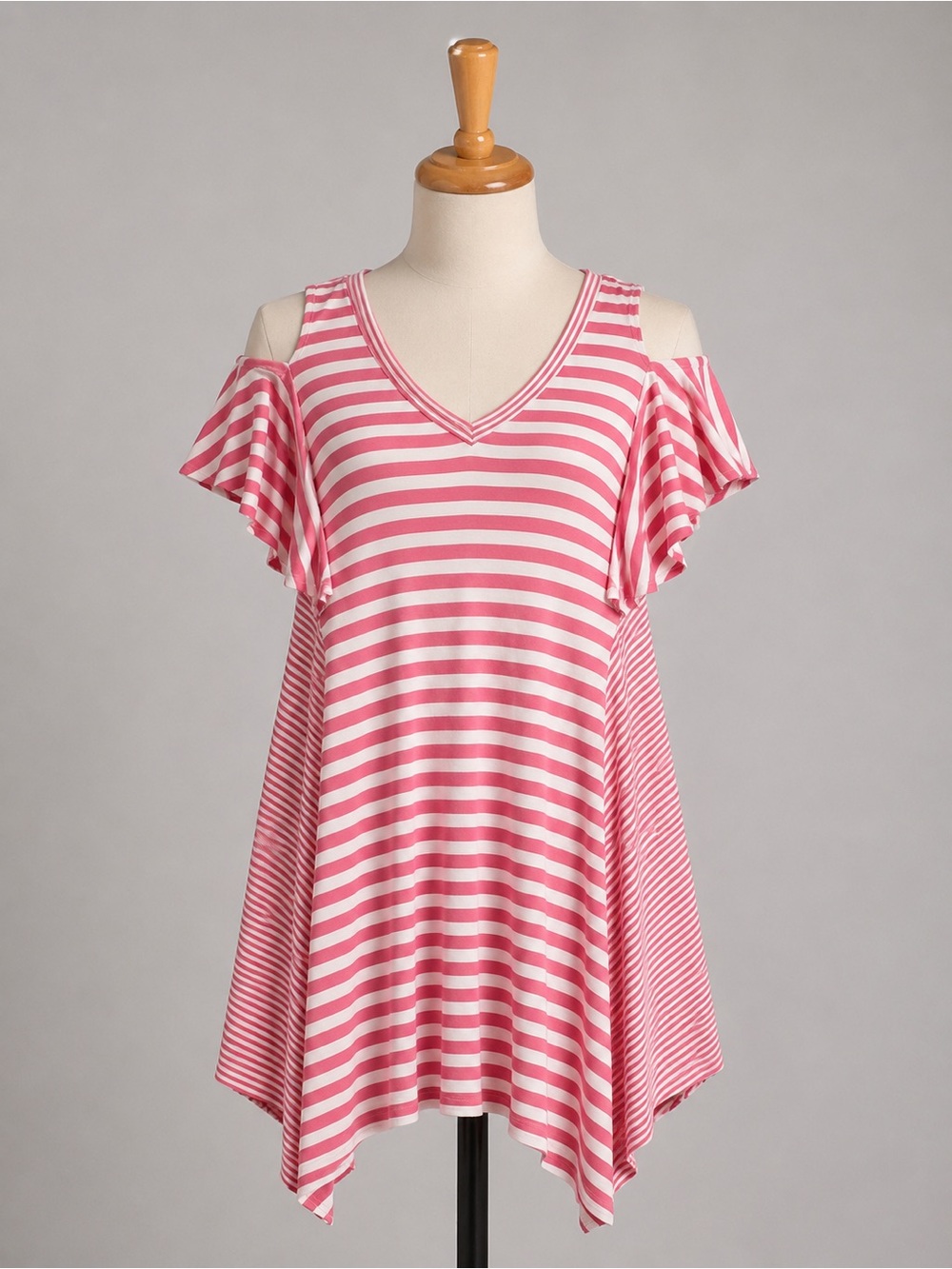 Striped Pink and White Asymmetrical Cold-Shoulder Dress
